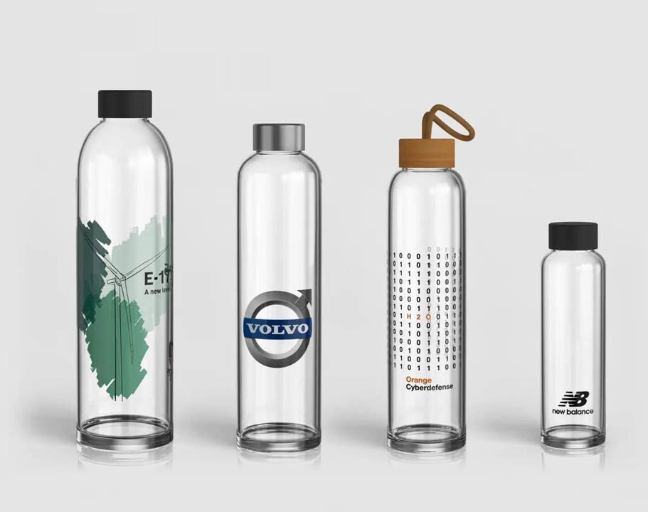 Trinkflasche aus Glas bedruckt mit Logo propie aqua